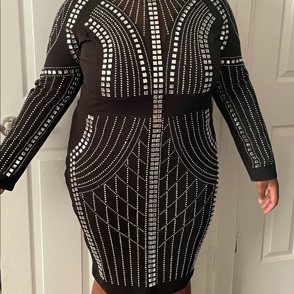 Diamond studded long sleeve black party dress